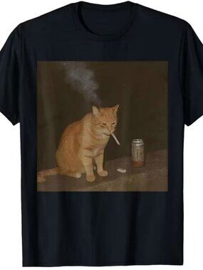 Cat Smoking Cigarette & Beer Baddies Get Saddies T-Shirt - 100% Cotton